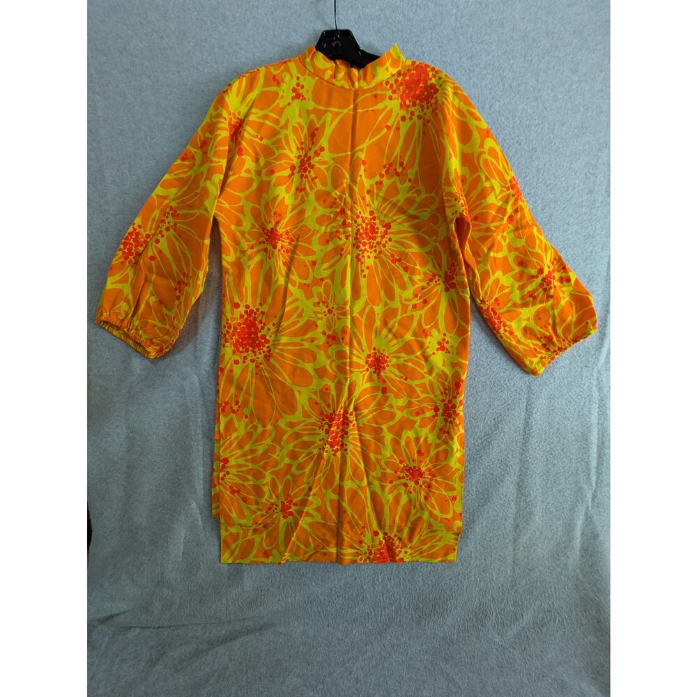 Custom‎ 60s shift Dress Women's Medium Floral Yellow Orange 3/4 Sleeves Back Zip